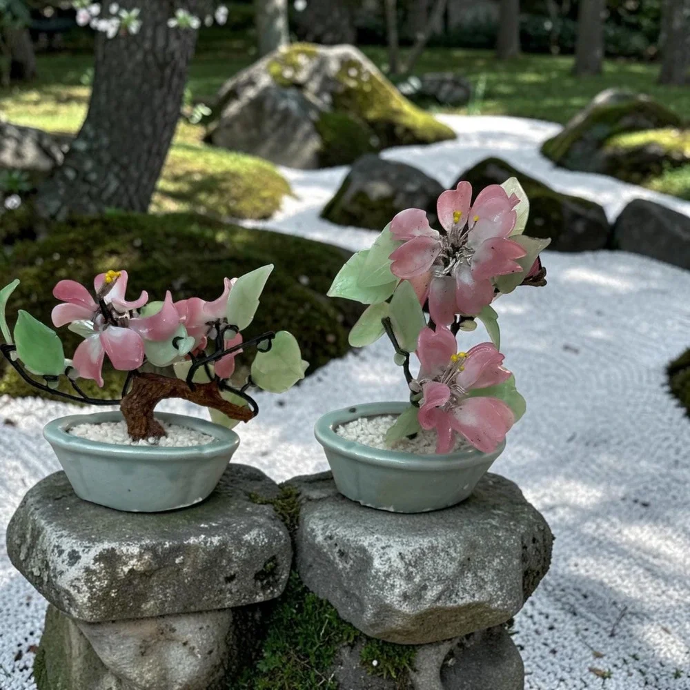 Vintage Chinese Glass Bonsai Tree Set Pink Cherry Blossom Celadon Pot 2pc